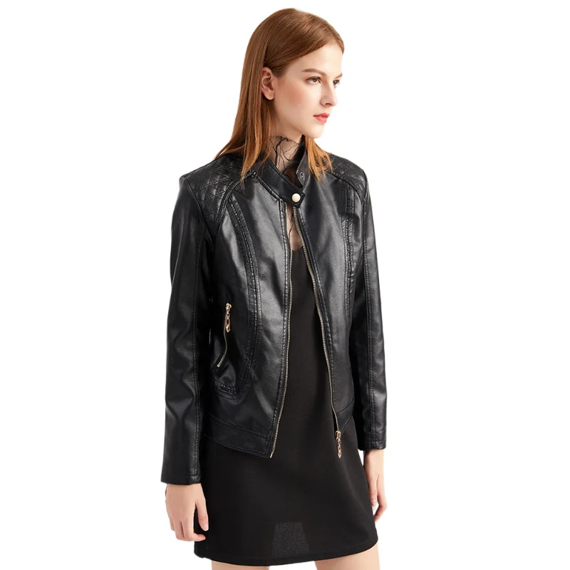 Women Faux Leather Coat Pu Coats Thin Jacket Full Sleeve Stand Collar Slim Fit Solid Sexy Regular Zipper Casual Splice Jackets