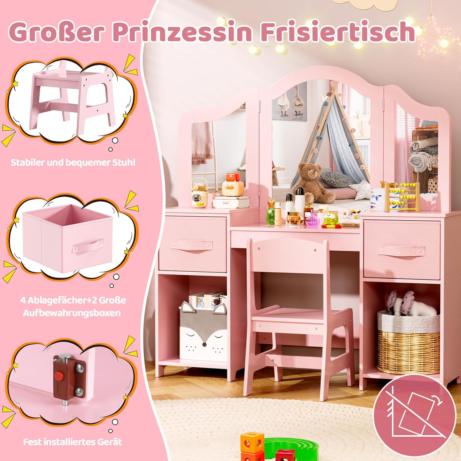 Children's Dressing Table Set,Kids Vanity Table Set,Girls Makeup Dressing Desk Chair,with Removable Mirror,Pink