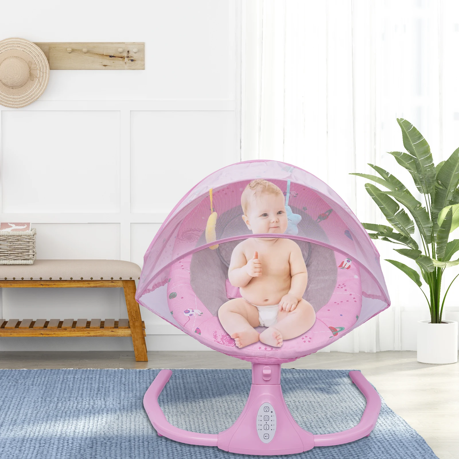 Berço elétrico do bebê com rede berço removível, berço Bouncer, Bluetooth e USB, 4 funções Swing, função de temporização
