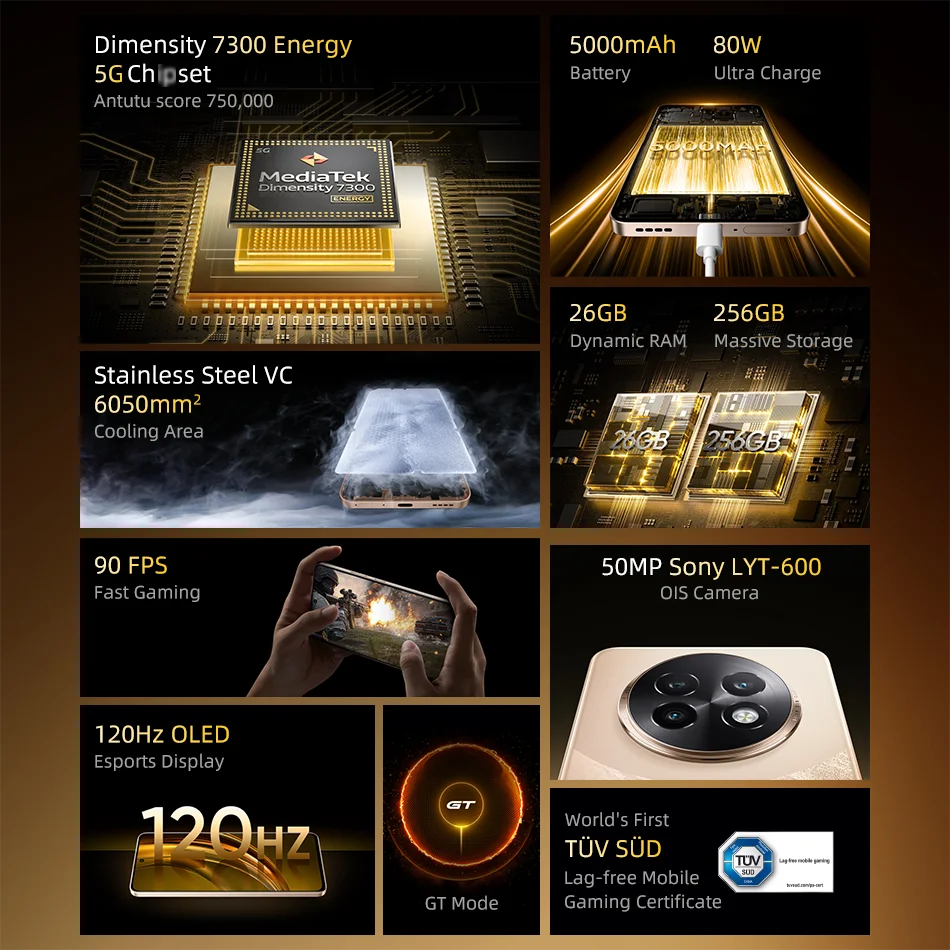 Global Version realme 13 Plus 5G NFC ขนาด 7300 สมาร์ทโฟน 6.67 "120Hz หน้าจอ 50MP กล้อง 80W SUPERVOOC 5000mAh แบตเตอรี่
