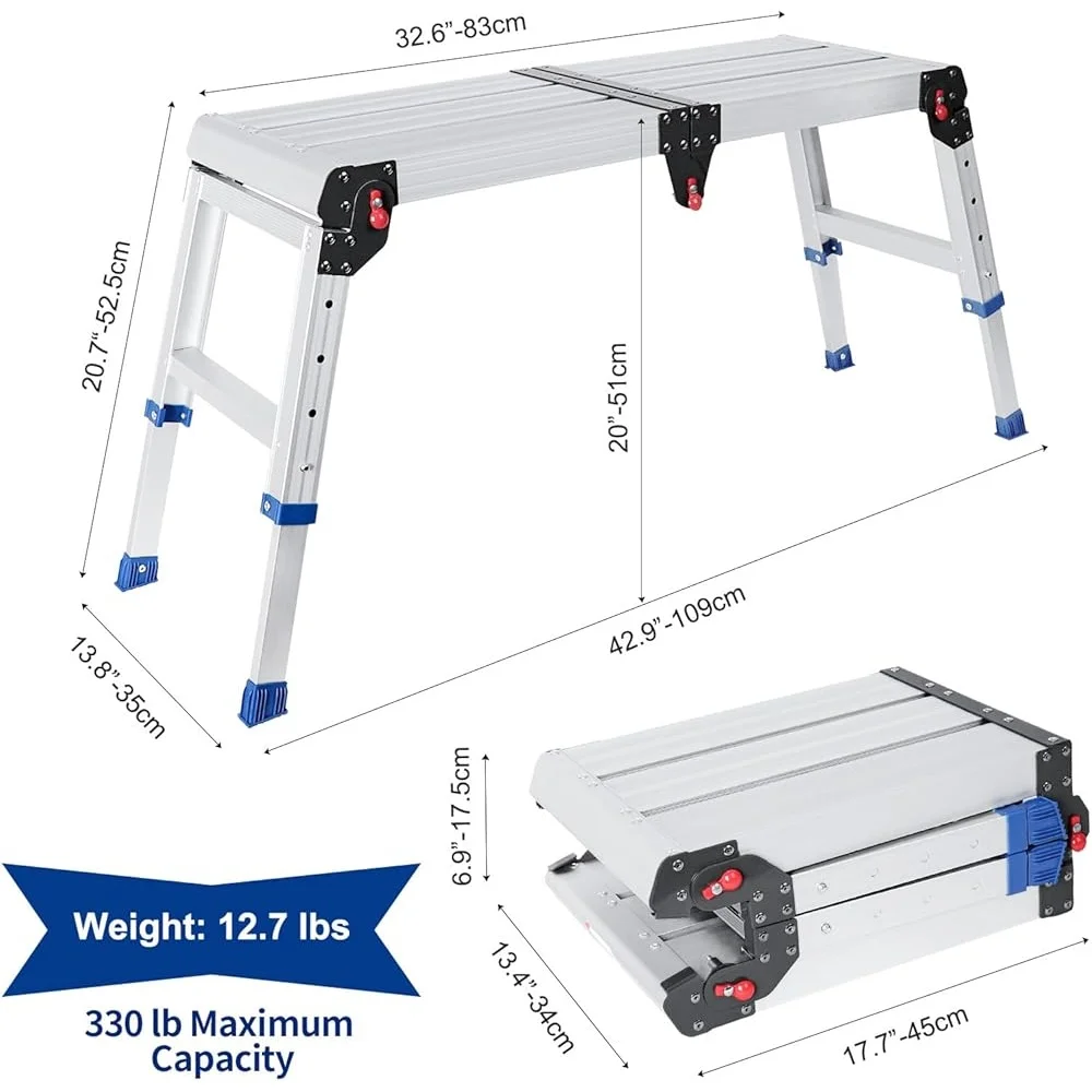 Foldable Aluminum Work Platform Lightweight Portable Step Stool 330lb Capacity Adjustable Height Non Slip Easy Install Carry