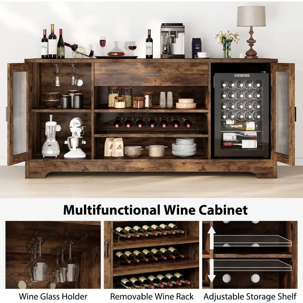 Bar Cabinet with Mini Fridge Space, 70.9” Large Wood Wine Cabinet with Cooler Space, Farmhouse Long Liquor Cabinet with Drawer