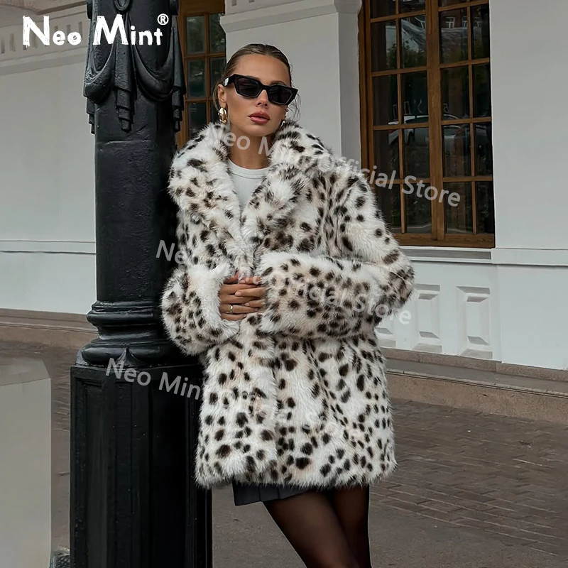 Casaco de pele de leopardo marrom longo para mulheres casaco de pele sintética, sobretudo, neo hortelã, marca de luxo, nova moda, marca quente, inverno, 2024