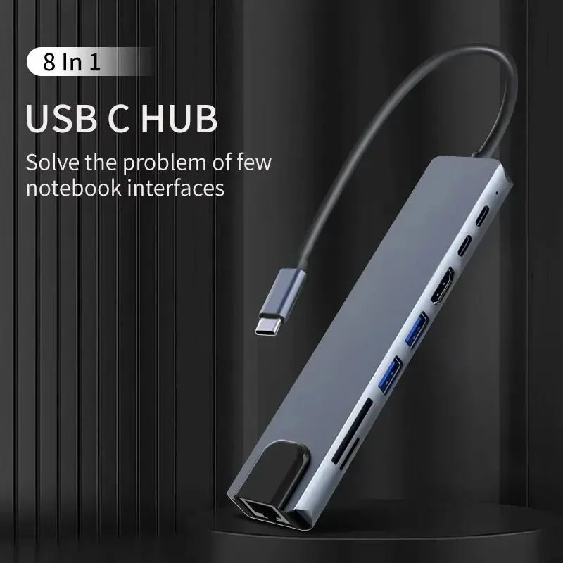 USB C Hub 8 en 1 tipo C 3,1 a 4K adaptador HDMI con lector de tarjetas RJ45 SD/TF PD carga rápida para MacBook Notebook ordenador portátil