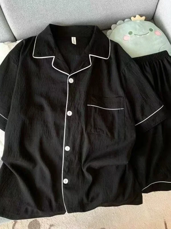 Pijamas de Aodão Leve com Manga Curta para Homens, Roupas de Verão para Casa, Tecido Fino, Calças Curtas Pretas, Estilo Sim...