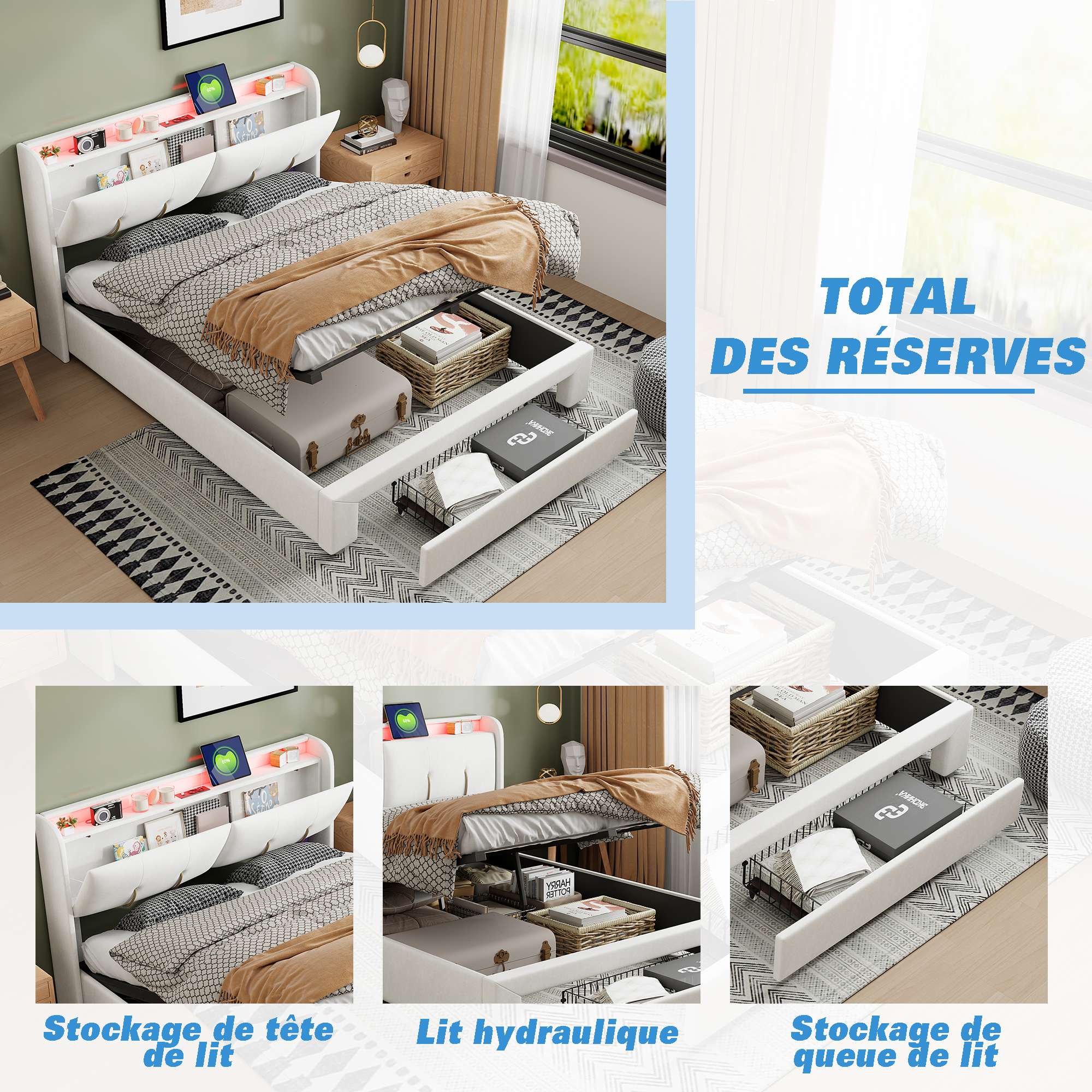 Cama tapizada 160x200cm con función de carga USB cabecero y iluminación LED y 4 cajones, estructura de cama doble con almacenaje