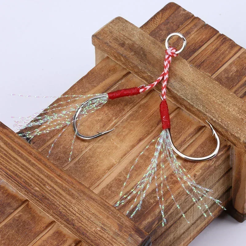 10 pçs/lote gancho de pesca gabarito duplo pairhooks farpado fio pena acessórios pesca aço alto carbono isca de pesca lento jigging