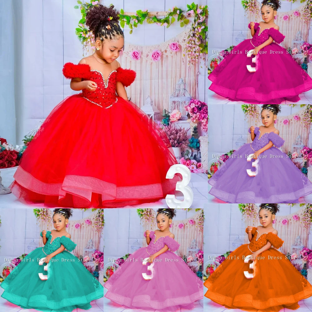 ดอกไม้สีแดงสาวชุด SHEER คอจีบ Ruffles ฉัตร Tulle Gowns สําหรับงานแต่งงานเด็กชุดวันเกิด First Communion