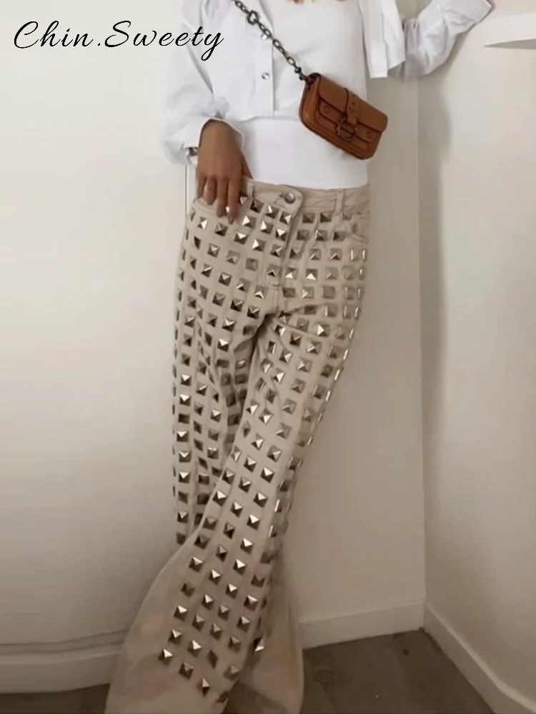 Vintage Nieten Denim Hosen Frauen Feste Tasten Taschen Dünne Gerade Breite Bein Hosen 2025, Herbst Winter Dame High Street Jeans