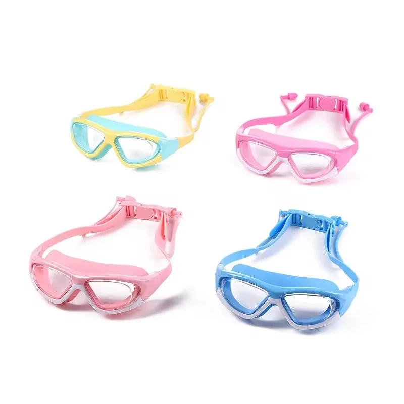 Occhiali da nuoto con montatura grande per bambini impermeabili e antiappannamento ad alta definizione, occhiali comodi Tappi per le orecchie collegati in silicone