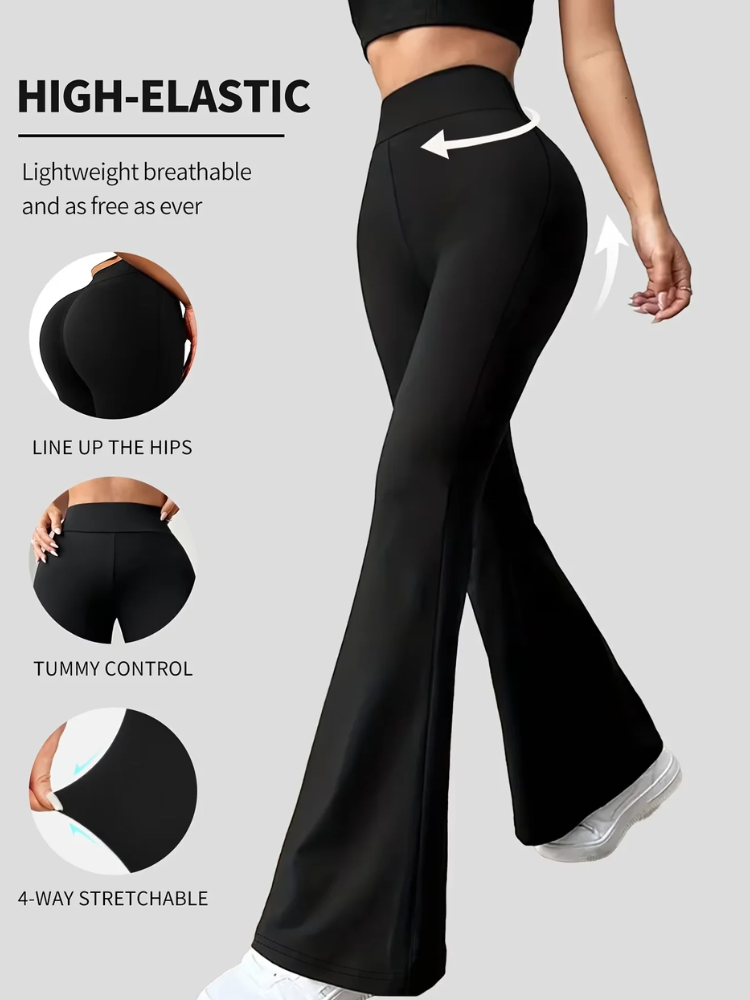 Women's High Waist Micro Flare Yoga Pants - Extended Length  Slimming Sharkskin  Horseshoe Pants 4-Way Stretch