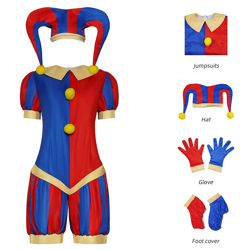 Zirkus-Pomni-Cosplay-Kostüm mit Hut, Handschuhen, Halloween-Kostüme, Karnevals-Outfits (GRÖSSE 140 cm, Erwachsene 3XL)