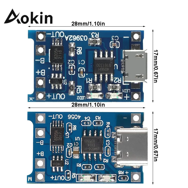 Aokin TP4056 + 보호 이중 기능 5V 1A 마이크로 USB 18650 리튬 배터리 충전 보드 충전기 모듈