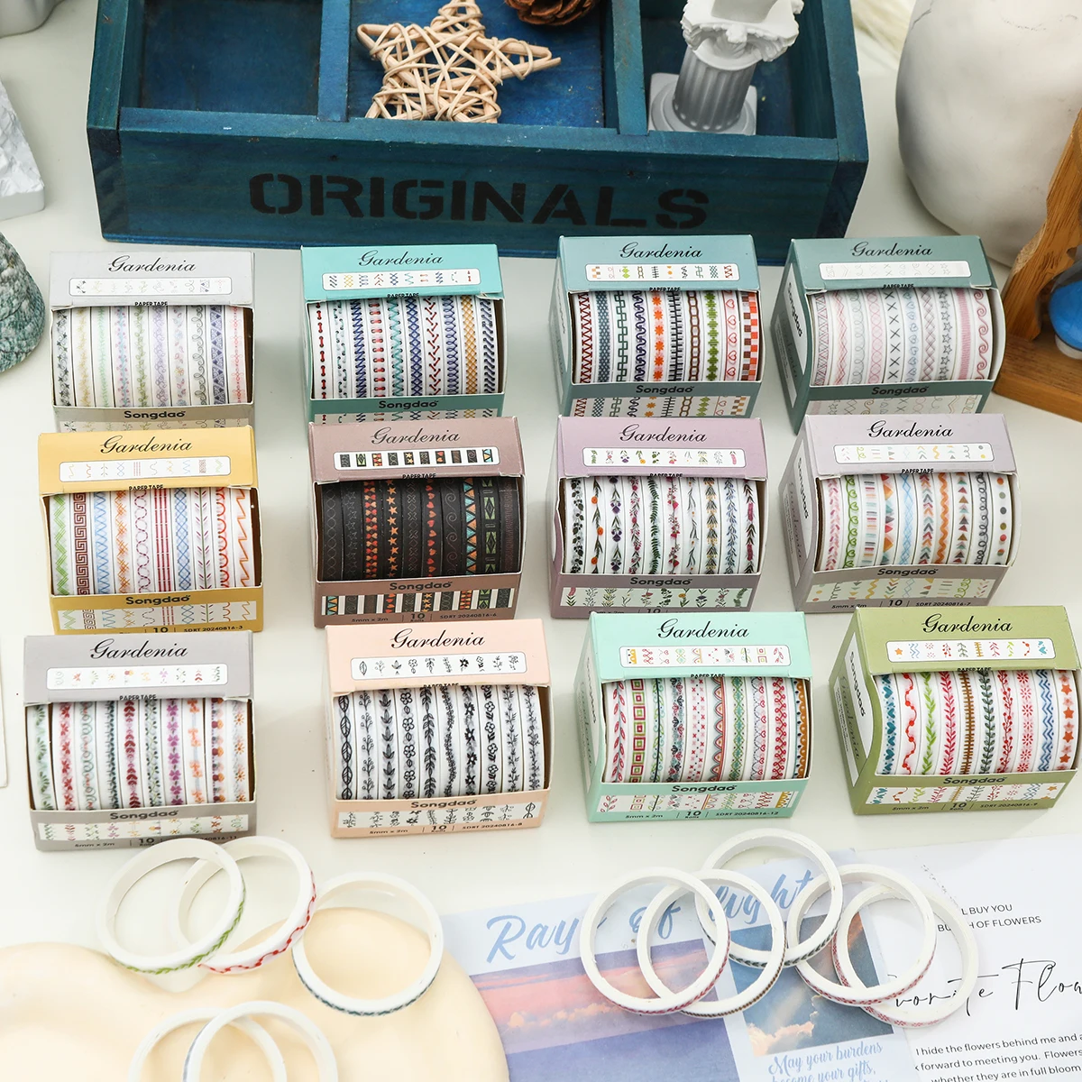 Juego de 10 rollos de cintas Washi ajustadas, cintas decorativas con patrones básicos finos para artes, manualidades, diarios, planificadores, álbumes de recortes