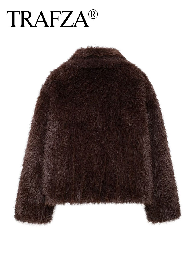 TRAFZA แฟชั่นผู้หญิงสีน้ําตาลสบายๆแขนยาวปุ่ม Turn-Down COLLAR หลวมผู้หญิงฤดูหนาว WARM Coat Faux FUR แจ็คเก็ต