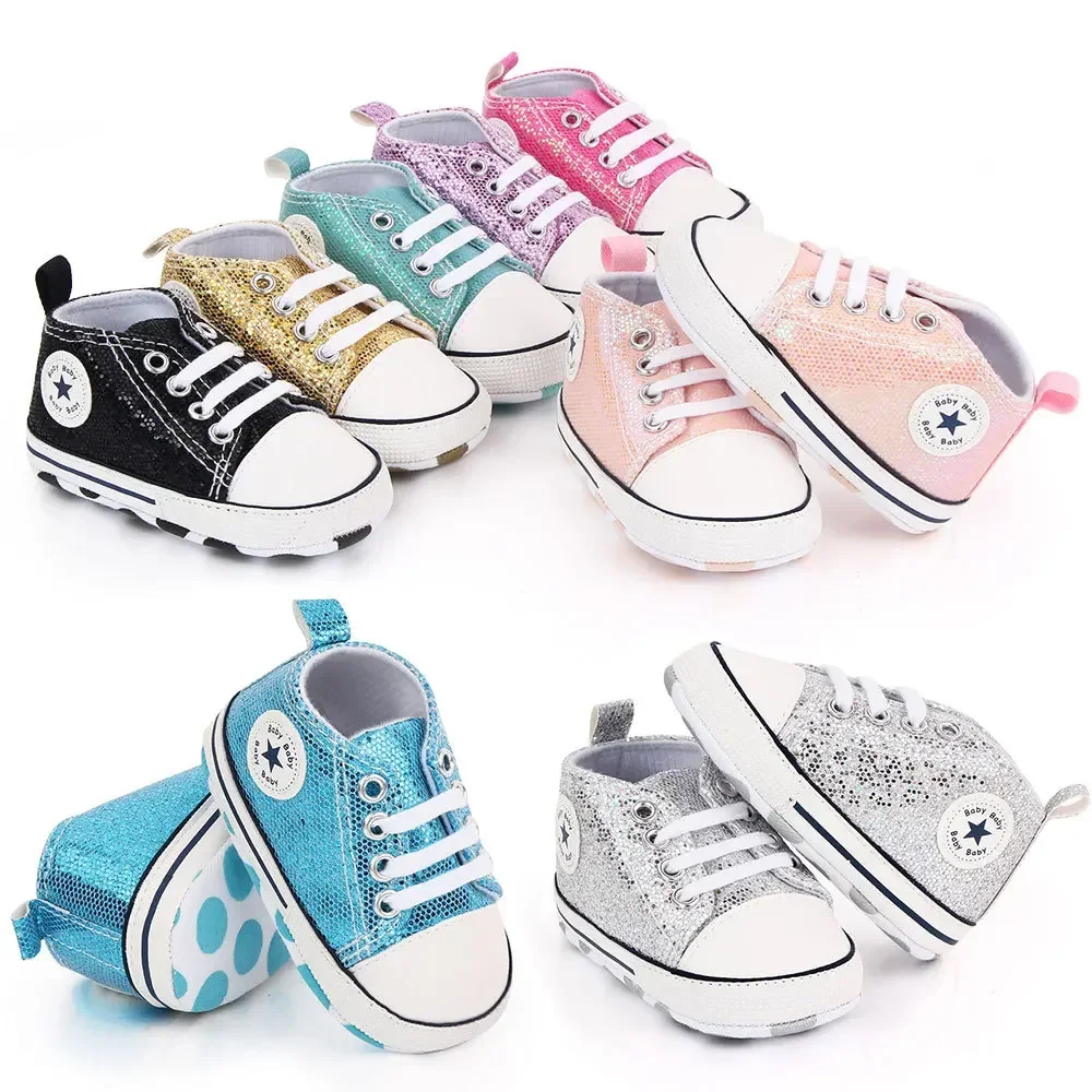 2024 Neugeborenen Pailletten Leinwand Baby Turnschuhe Casual Baby Jungen Mädchen Kleinkind Multi-Farbe Weiche Sohle Nicht-slip Wanderschuhe