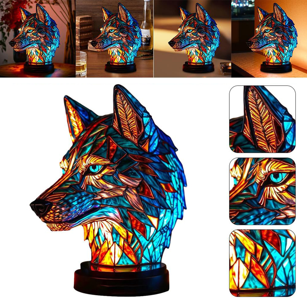 3D Stained Glass Table Lamp Resin Animal Shape Night Light Elephant Wolf Owl Desktop Ornaments Bedroom Atmosphere Light