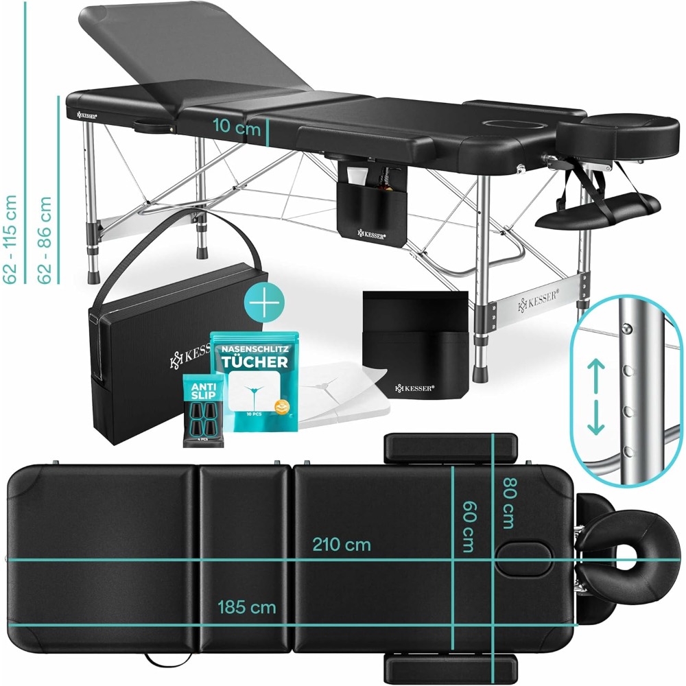 Mesa de masaje móvil, cama de masaje plegable y ajustable en altura, 3 zonas, mesa de masaje, cama estética