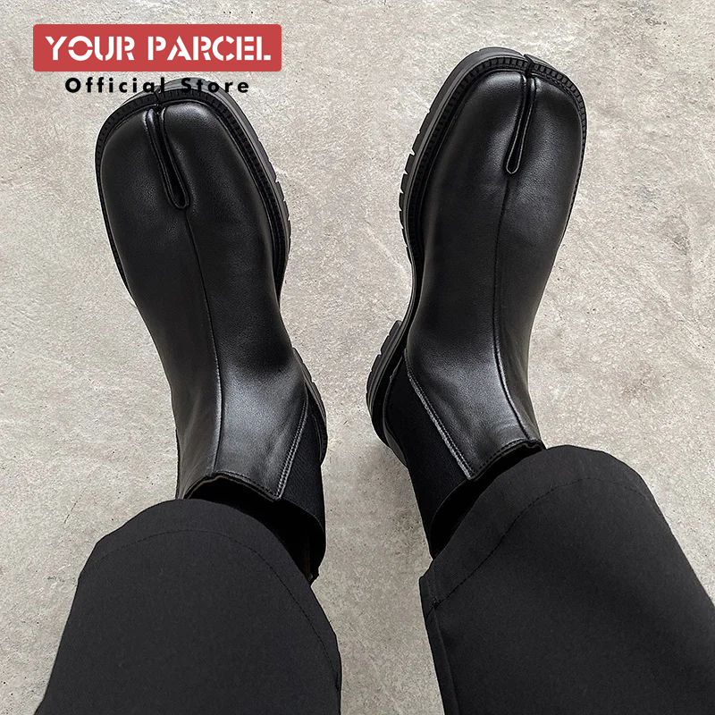 Schuhe mit geteilter Zehenpartie für Herren, Chelsea-Stiefel, quadratische Zehenpartie, hohe Lederstiefel, Hufeisenschuhe, dicke Absätze für Damen, dicke Sohlen