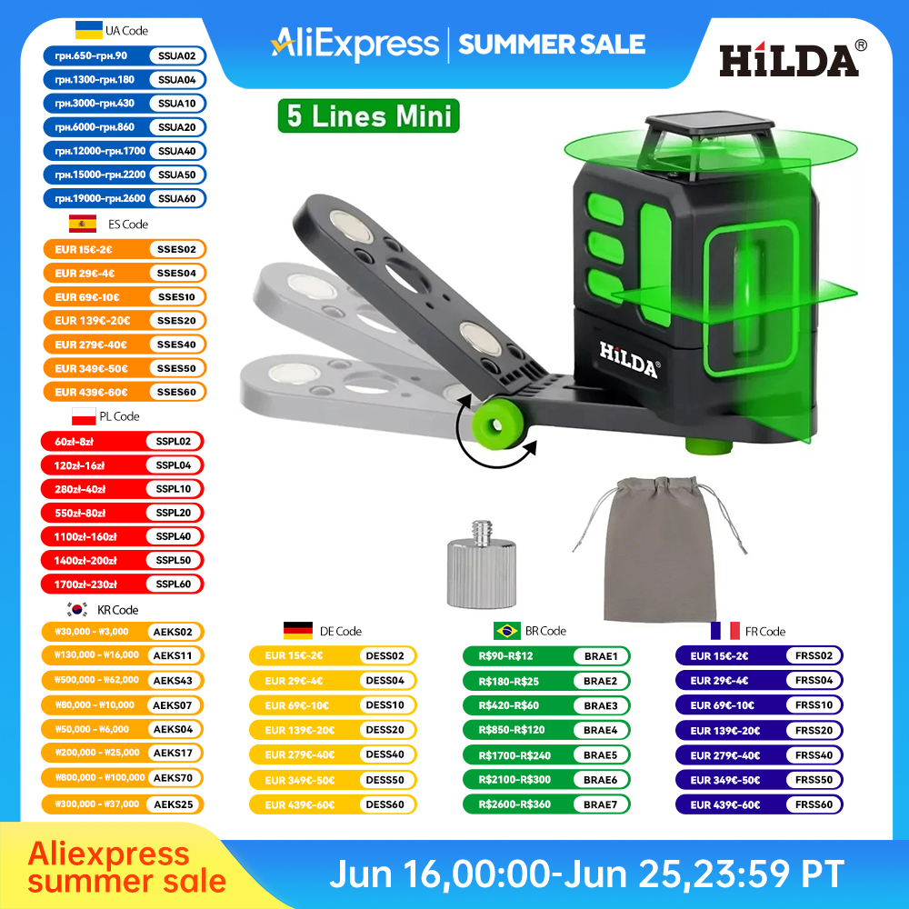 HILDA Laser Level 2 lines/5 Lines 360 Automatic Leveling Level Construction Tool Equipment Green Light Cross Laser Good Gift