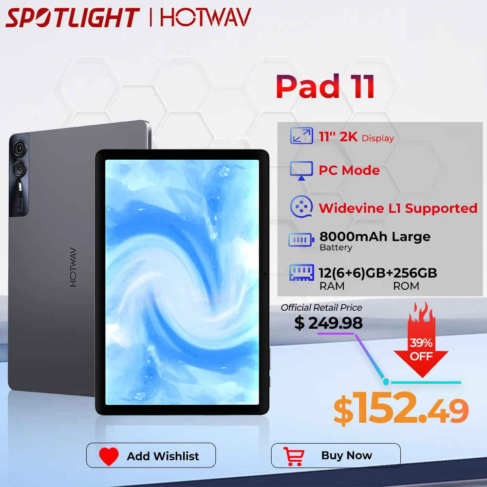 [Weltpremeire] HOTWAV Pad 11 Tablet 11'' 2K Display 8000mAh Akku PC Modus Pad 12(6+6)GB RAM 256GB ROM Widevine L1 Tablet PC