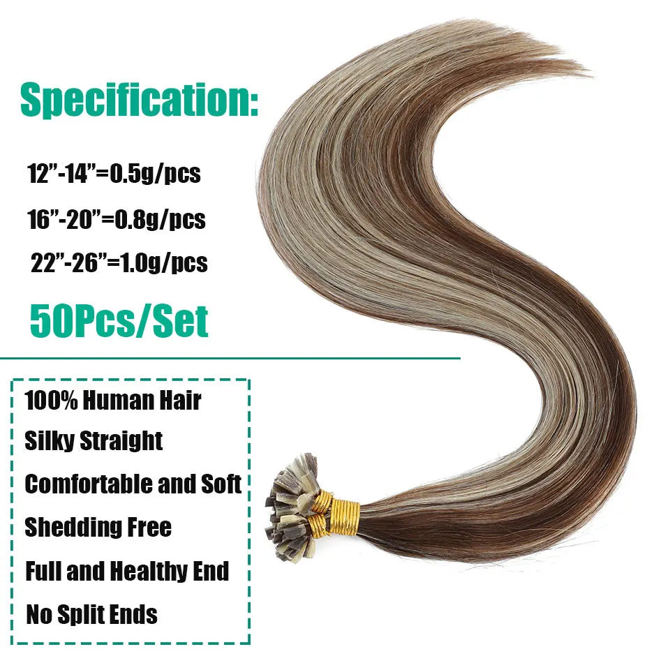 Extensões de cabelo humano remy com ponta em v reta, extensão de cabelo de fusão com ponta em v pré-ligada, cápsulas de queratina, 12-26"
