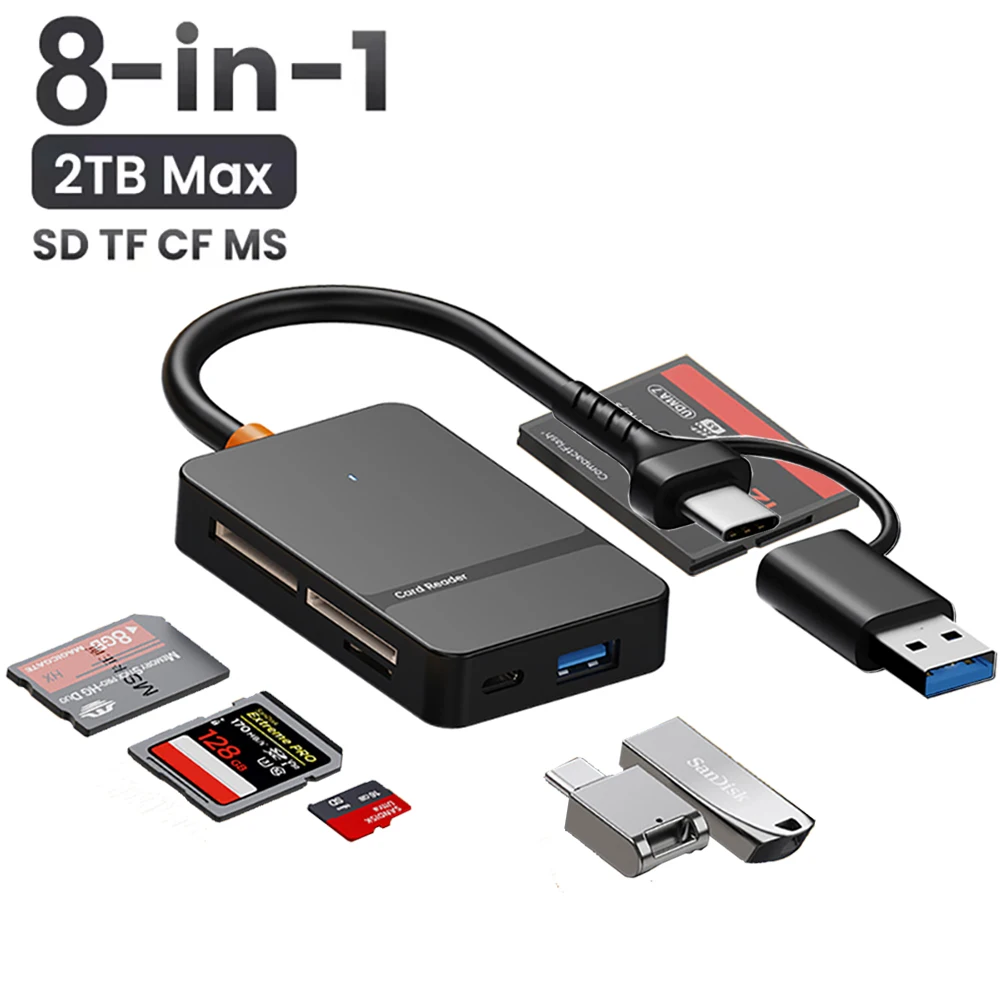 Устройство чтения карт USB C 8-в-1, многофункциональное устройство чтения карт памяти, поддержка чтения карт SD/TF/CF/MS, 5 Гбит/с, запись, чтение U-диска, адаптер флэш-карты