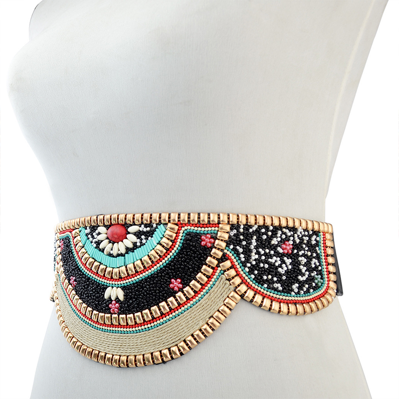 Faja de cuentas de cintura colorida para mujer, faja para vestido étnico Tribal gitano, corsé elástico, cinturón bohemio, joyería corporal india y africana