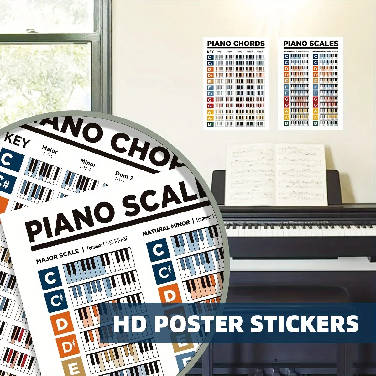 2pcs/set Piano Keyboard Chord Diagram/piano Knowledge Teaching Wall Chart/poster Sticker Suitable for Beginners To Use