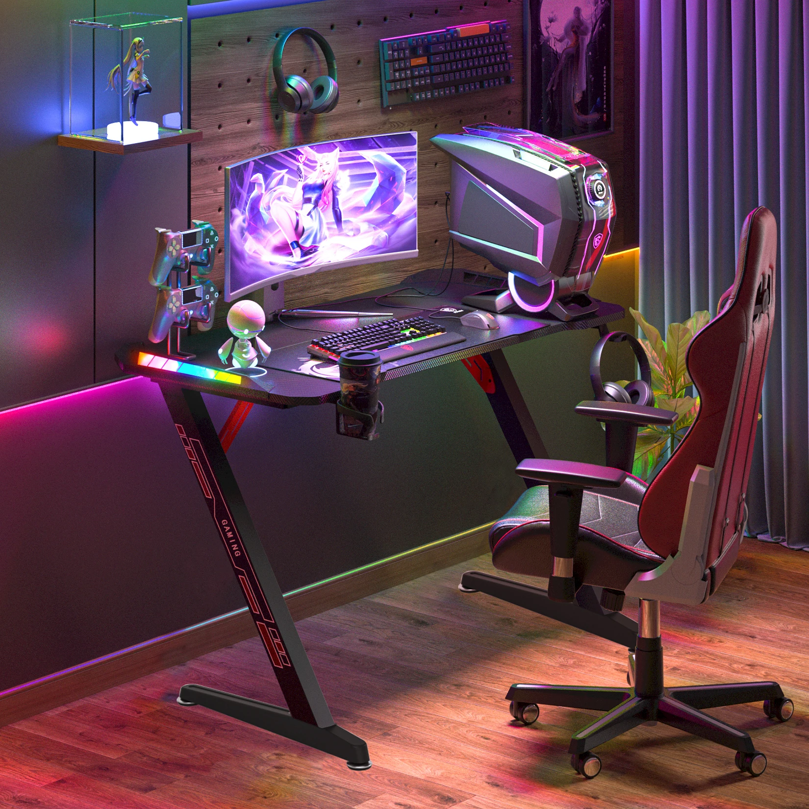 Luci LED RGB dinamiche extra large da 140 cm Scrivania da gioco Robusta casa ufficio PC Scrivania per computer Tavolo da gioco Gambe in metallo