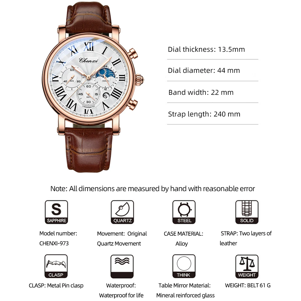 CHENXI, relojes de negocios a la moda para hombre, reloj de cuarzo de lujo, cronógrafo con fecha automática, reloj de pulsera de cuero resistente al agua para hombre
