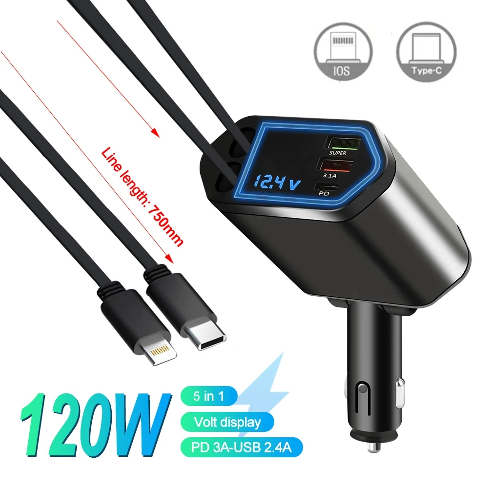 Wysuwana ładowarka samochodowa, szybka ładowarka samochodowa 4 w 1 o mocy 120 W, wysuwany kabel i ładowarka samochodowa z 2 portami USB, kompatybilna
