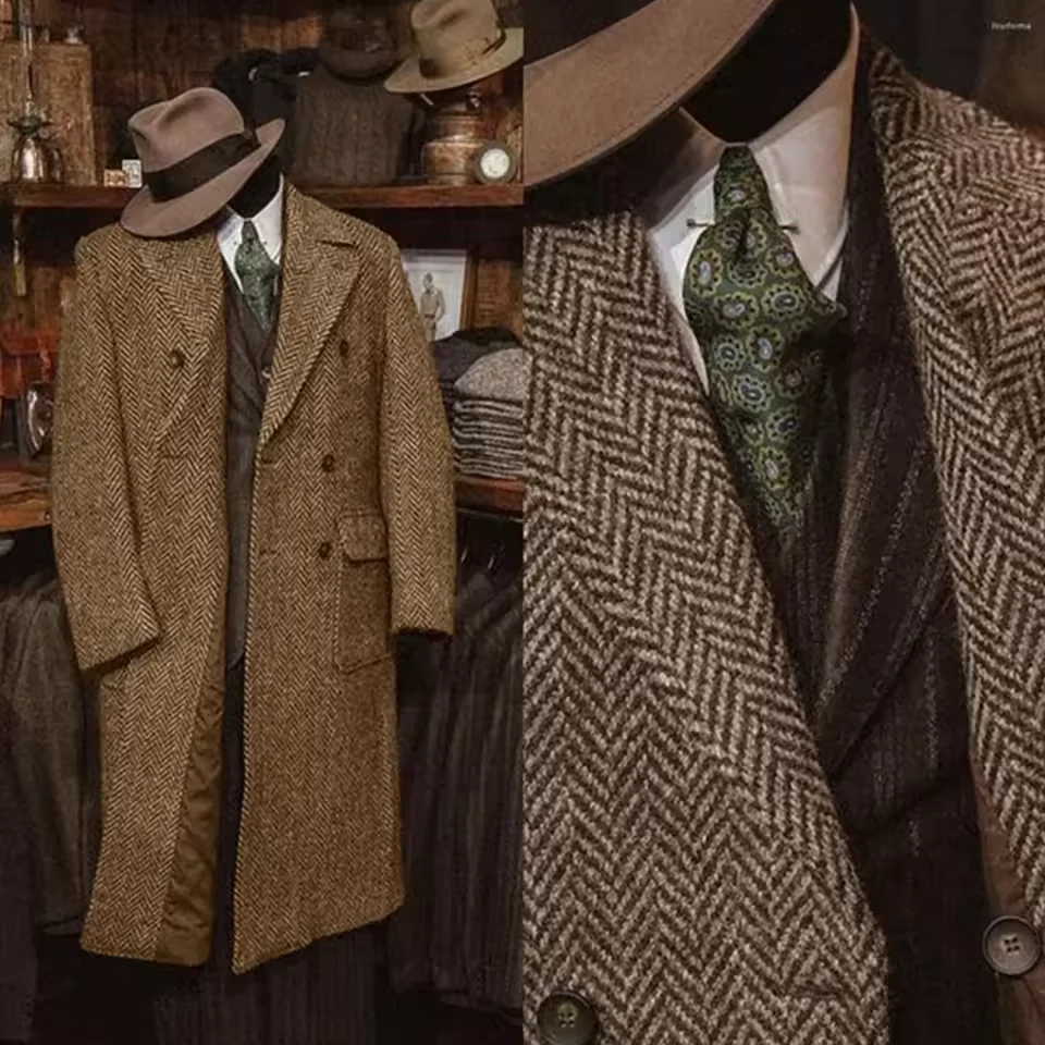 Chaqueta larga de Tweed con diseño de espiga para hombre, chaquetas ajustadas de diseño a la moda, ropa de invierno para hombre, negocios informal, novedad de 2025