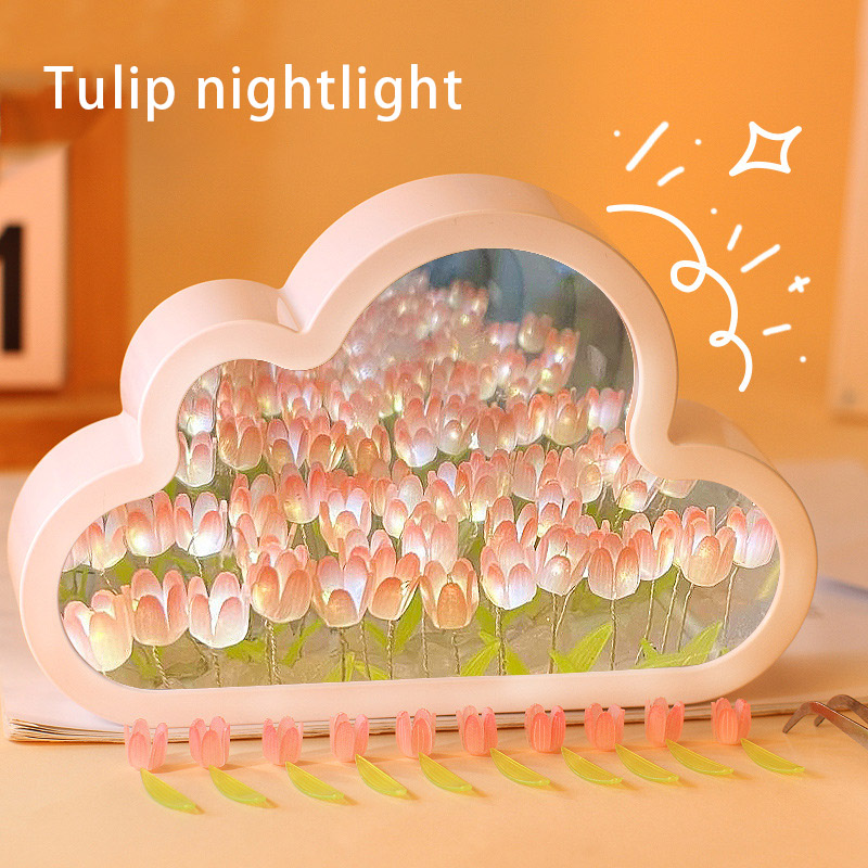 ทําด้วยมือ DIY ดอกทิวลิปดอกไม้ Sea Night บรรยากาศโคมไฟเมฆ TULIP โคมไฟ LED Night Light กระจกตารางโคมไฟตกแต่งห้องนอนไฟใหม่