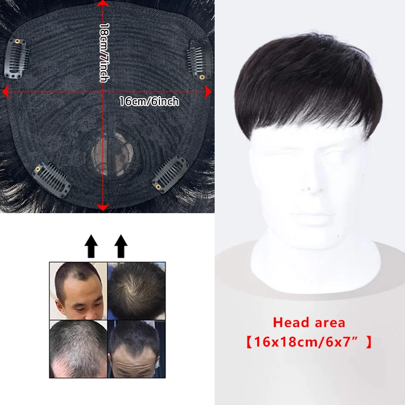 Männer 100% menschliches Haar Haarteil schwarz falsche Abdeckung atmungsaktive Haarnetz Basis effektiv abdecken dünner werdendes Haar männliche Clips-on Perücke