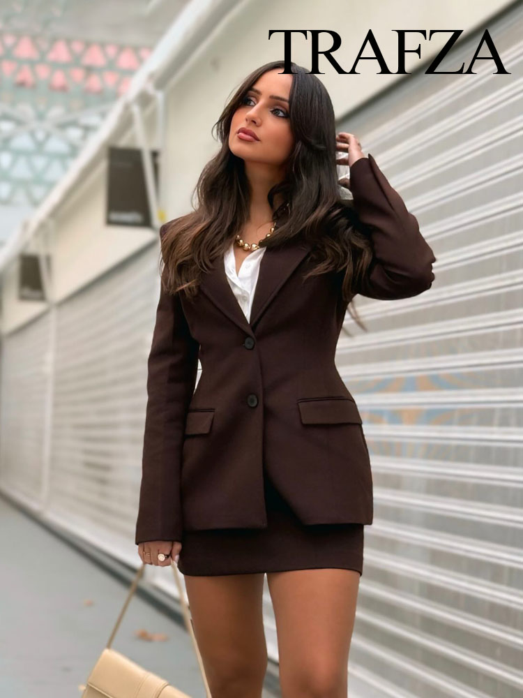 Trafza moda feminina ternos marrom turn-down colarinho mangas compridas único breasted blazer + cintura alta saia com zíper feminino primavera conjuntos