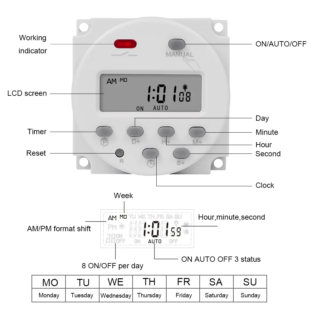 Intervalo de 1 segundo 5V 12V 24V 110V 220V interruptor temporizador Digital LCD 7 días programador de relé de tiempo programable semanal CN101S