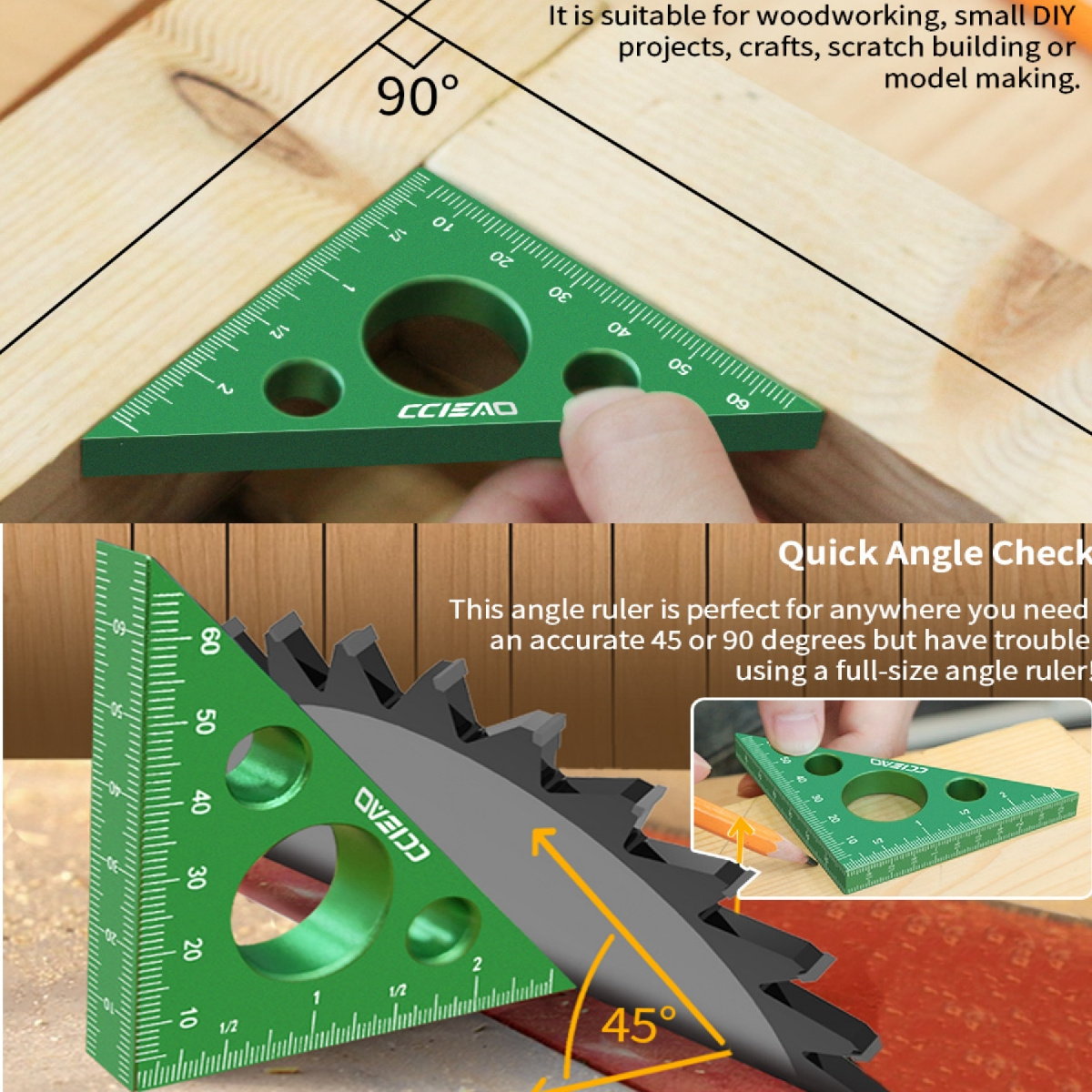 Aluminum Alloy Triangle Ruler, 45 Degree Angle Imperial and Metric Scales Isosceles Right Triangular Precision Carpentry Squares