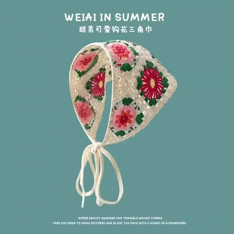 Coreano dulce lindo hecho a mano Crochet hueco triángulo diadema toalla mujeres primavera y verano viaje foto literaria bufanda para el cabello
