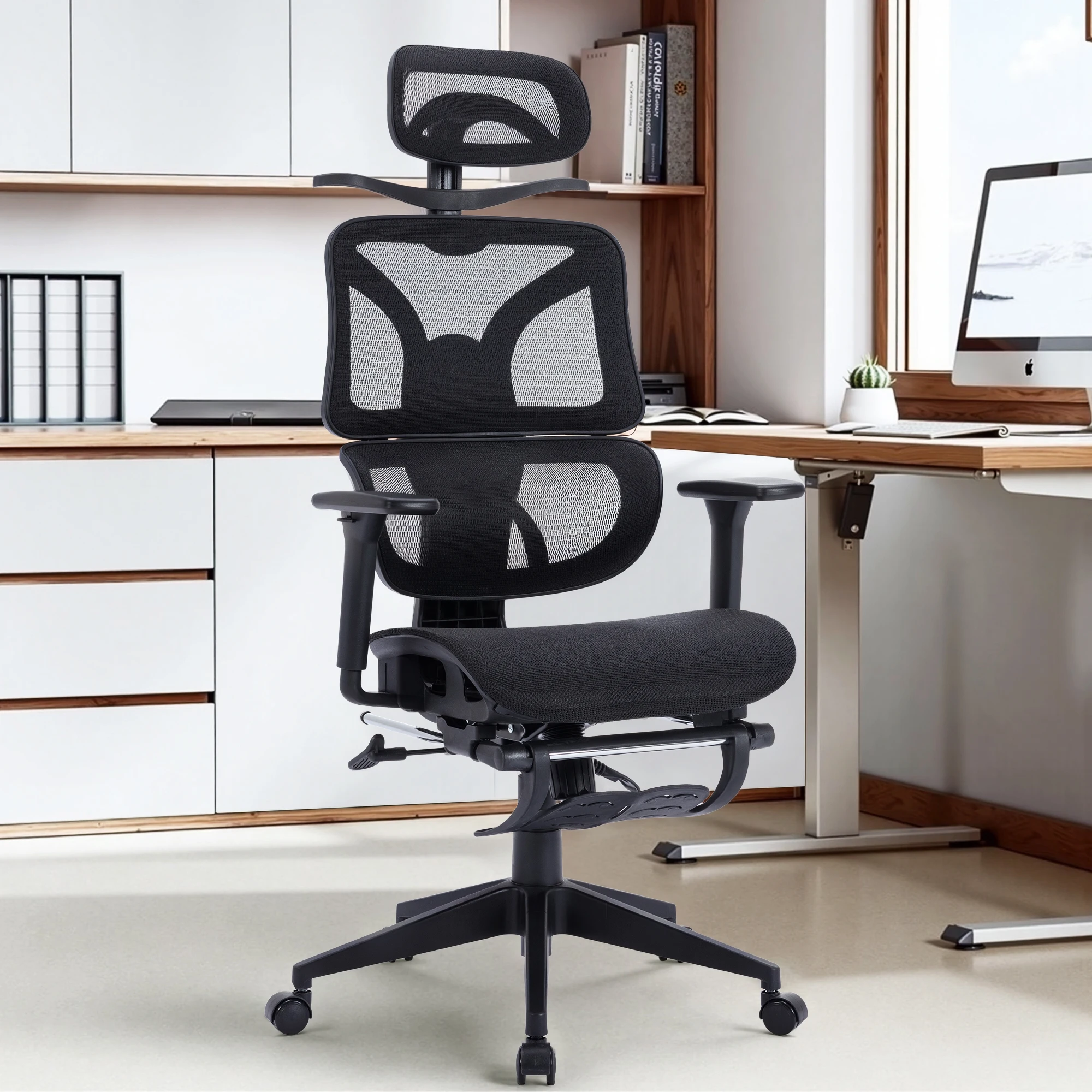 VECELO Ergonomic Office Chair Adjustable Lumbar Support Black Office Mesh Chair with Padded Arms Headrest Footrest