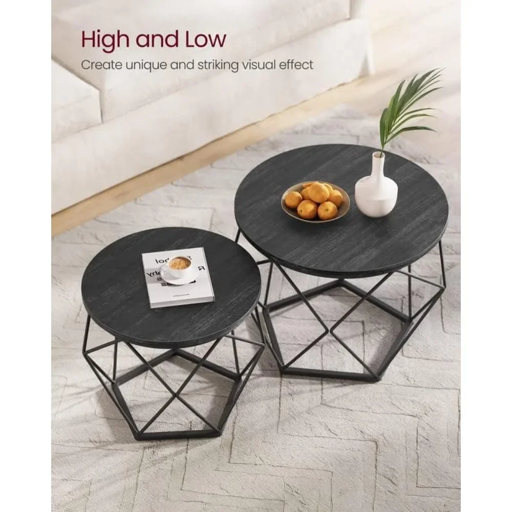Small Coffee Table Set of 2, Round Coffee Table with Steel Frame, Side End Table for Living Room, Bedroom, Office, Charc