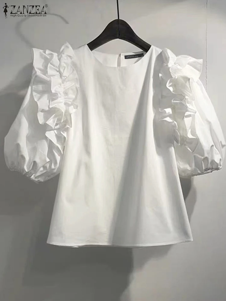 ZANZEA ヴィンテージフリルパッチワークチュニック女性の夏のブラウス韓国のファッションパフ半袖トップスカジュアルルーズラウンドネックトップス