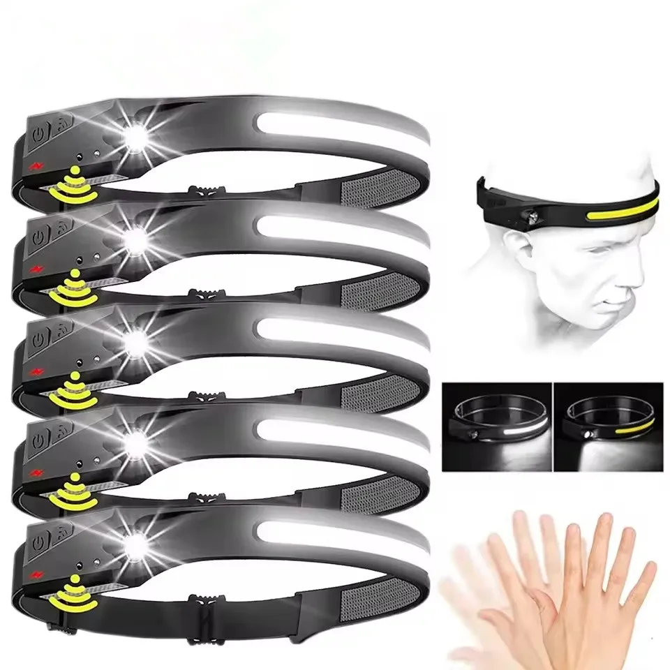 230 ° Linterna frontal de haz brillante con Sensor LED, batería integrada, linterna de cabeza recargable por USB, linterna para acampar al aire libre y pescar