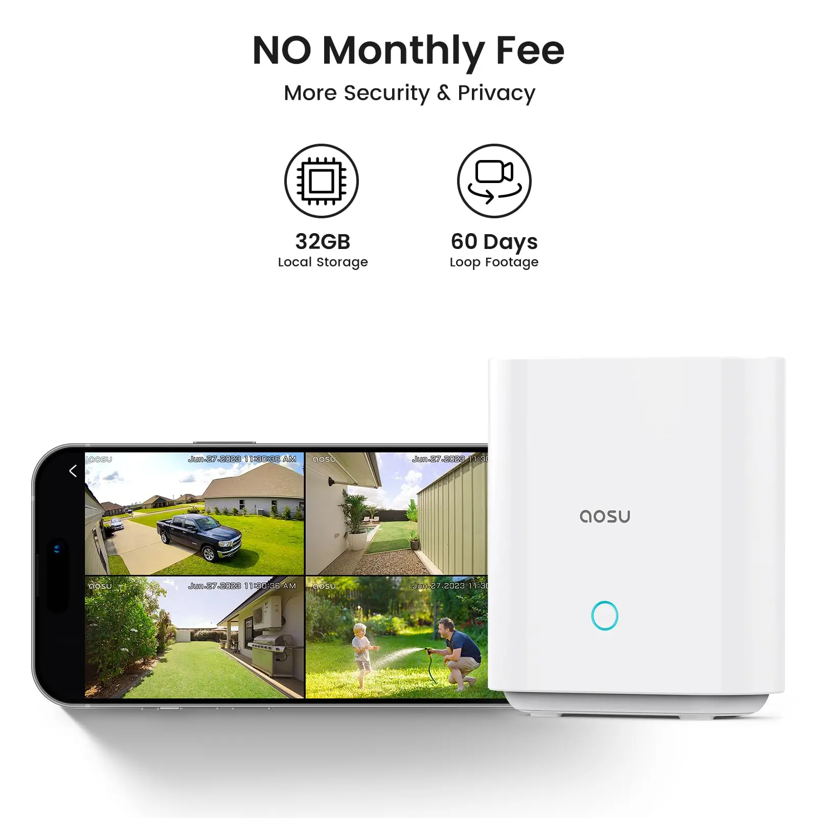 AOSU 3MP Solar Battery Camera System 4 Cams Kit Wireless 360° PTZ Surveillance Wifi Camera Set Include Home Base Support Alex