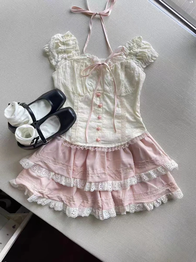 Zomer Zoete Slash Hals Slanke 2-delige Set Vrouwen Mode Leuke Off Schouder Lace Up Tops Mooie Chic Mooie Kant korte Rok Nieuwe