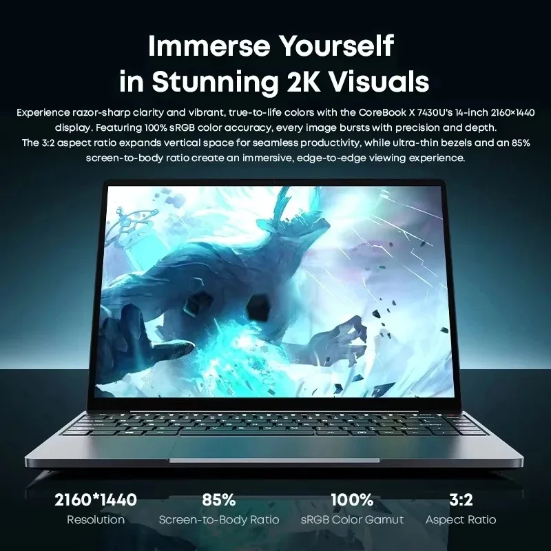 CHUWI CoreBook X Gaming Laptop AMD R5-7430U 16GB DDR4 RAM 512GB SSD 14.1 inch 2K Screen Lightweight Notebook 4.3 GHz Windows 11
