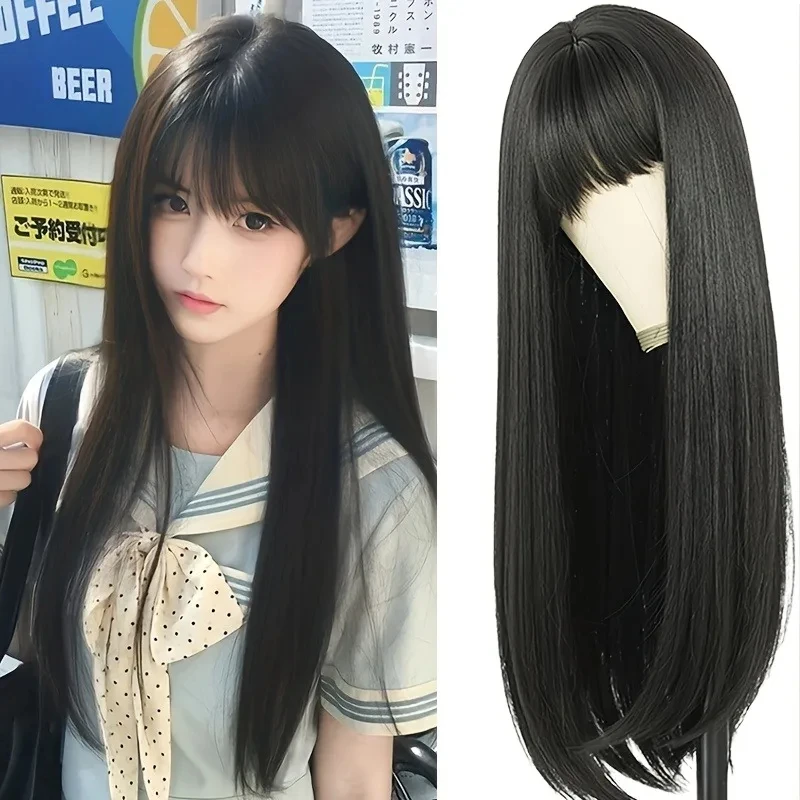 Moda peruca sintética de 26 polegadas - cabelo preto longo e reto - cabelo cosplay de Halloween - peruca diária - acessório de cabelo de alta temperatura