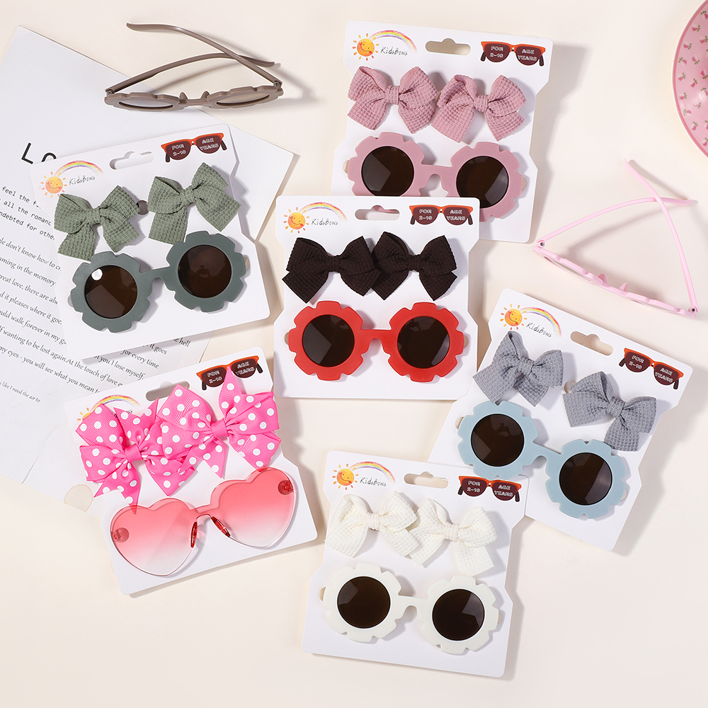 1 комплект, детские головные уборы, очки, однотонные мягкие заколки для волос с бантом для девочек, круглые солнцезащитные очки в стиле ретро, детские аксессуары для волос