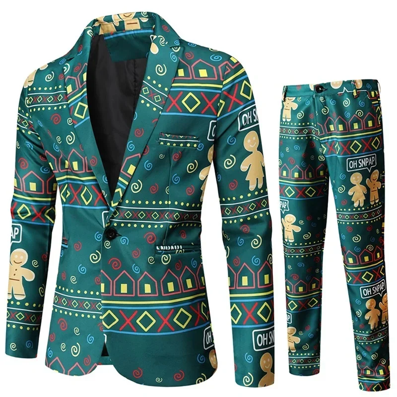 Ternos masculinos de smoking, natal, 2 peças, ajuste regular, floco de neve, estampa de papai noel, blazer, jaqueta, calças, conjunto de roupas de festa