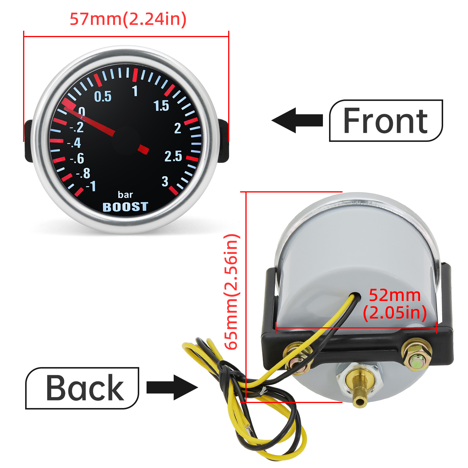 2 "52 ミリメートル車のターボブーストゲージ -1 〜 3 バーブーストメーター白色 LED ライトタービン機械ゲージガソリンエンジンアクセサリー
